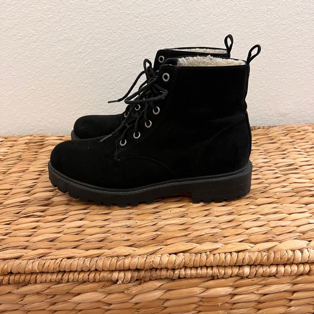 Black Lace-Up Ankle Combat Boots with Shearling Lining